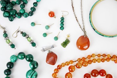 Lot 248 - A collection of malachite and carnelian bead jewellery.