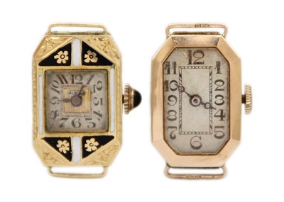 Lot 173 - Two gold-cased lady's Art Deco manual wind cocktail wristwatches.