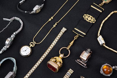 Lot 174 - A collection of lady's pocket and wristwatches, as well as a pocket watch seal and fob..