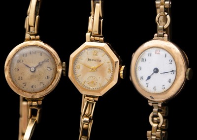 Lot 175 - Three 9ct cased lady's manual wind wristwatches.