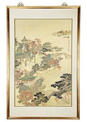 Lot 204 - A Chinese watercolour on silk of a river scene, early 20th century.