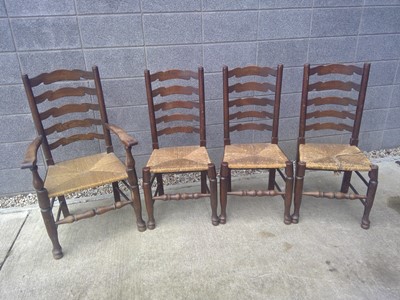 Lot 26 - Oak ladder back carver chair and three single...