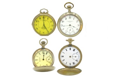 Lot 187 - A group of four American gold-plated crown wind pocket watches for repair or spares.