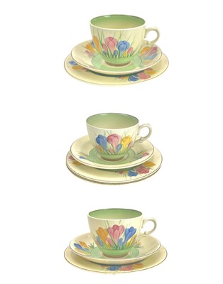 Lot 609 - Three Clarice Cliff Spring Crocus pattern trios of tea cups, saucers and side plates.