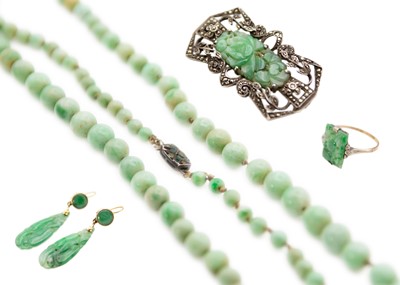 Lot 226 - A group of green Jadeite jade jewellery.