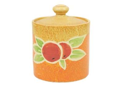 Lot 619 - A Clarice Cliff Oranges Cafe au Lait pattern drum shape preserve pot and cover.