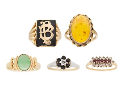 Lot 59 - A selection of five 9ct gem set rings.