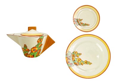 Lot 634 - A Clarice Cliff Sunshine pattern Odilon shape teapot and cover.