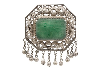 Lot 276 - A Chinese silver and green jadeite brooch.