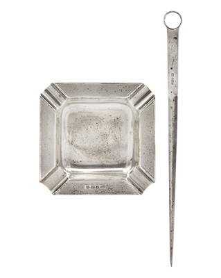 Lot 30 - A modern silver engine turned square ashtray and a silver meat skewer.