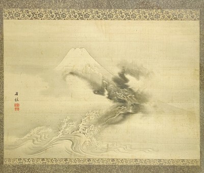 Lot 282 - A Japanese painting on silk, Bunkei, Kano School, Fuji with Storm Dragon, 19th century.