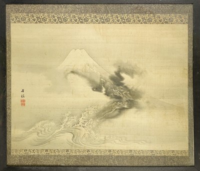 Lot 282 - A Japanese painting on silk, Bunkei, Kano School, Fuji with Storm Dragon, 19th century.