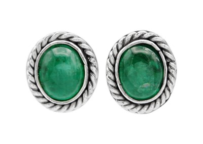 Lot 135 - A pair of cabochon emerald ear studs, 3ct total, set in .999 pure platinum.