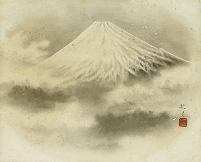 Lot 292 - A Japanese watercolour of Mount Fuji, signed and red seal.