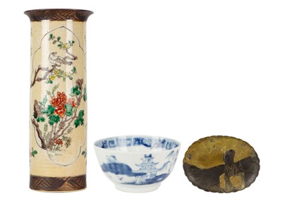 Lot 302 - A Chinese famille verte crackle glaze cylindrical vase, circa 1900.