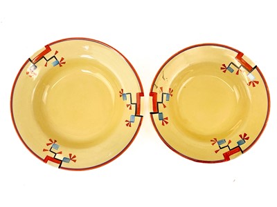 Lot 690 - Two Clarice Cliff Ravel red variant pattern graduating soup bowls.