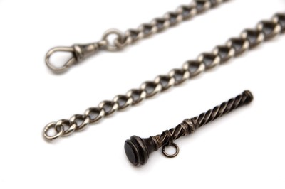 Lot 192 - A silver graduated curb-link Albert watch chain and a silver propelling pencil fob.