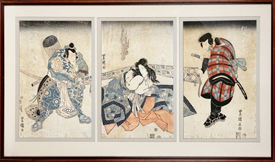 Lot 342 - A Japanese triptych woodblock print, 19th century.