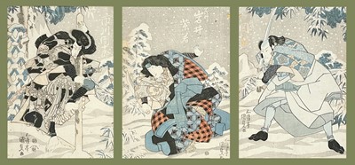 Lot 343 - A Japanese triptych woodblock print, 19th century.