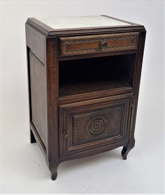 Lot 3493 - A French walnut marble topped bedside cupboard,...