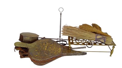 Lot 147 - Two sets of bellows and other fire implements.