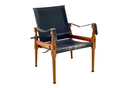 Lot 930 - An M Hayat & Bros teak and leather campaign or safari chair.