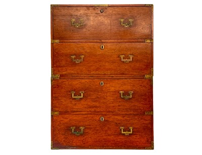 Lot 1007 - A Victorian teak and brass bound secretaire campaign chest.