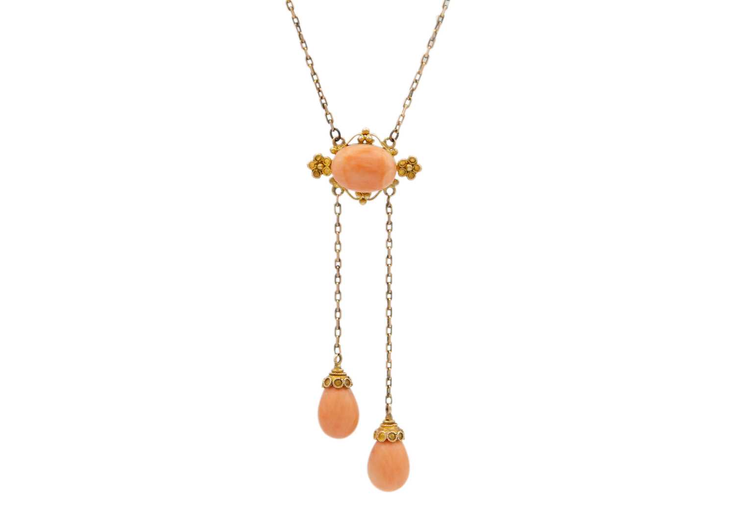 Lot 47 - A Victorian Etruscan Revival pink coral gold set negligee necklace.