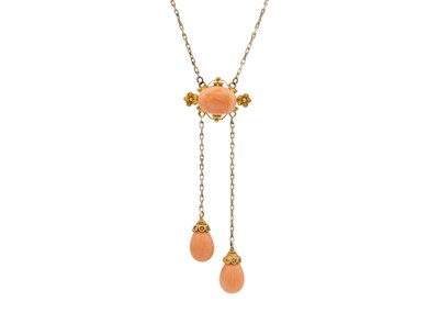 Lot 47 - A Victorian Etruscan Revival pink coral gold set negligee necklace.