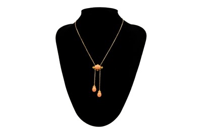 Lot 47 - A Victorian Etruscan Revival pink coral gold set negligee necklace.