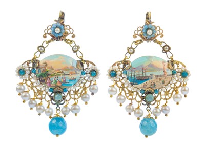 Lot 63 - A pair of remarkable ornate Neapolitan blue dyed quartz and pearl set earrings.