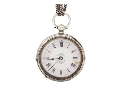 Lot 36 - A silver Swiss cylinder fob pocket watch on a silver longuard watch chain.