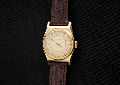 Lot 44 - MOVADO FOR TIFFANY & CO. - A 14ct cased mid-sized gentleman's manual wind wristwatch.