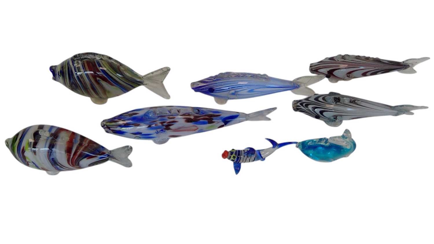 Lot 195 - An art glass dolphin and nine art glass fish,