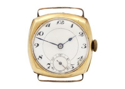 Lot 111 - A 1920's 18ct gold cushion cased gentleman's manual wind wristwatch.