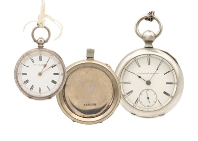 Lot 42 - An Elgin nickel cased pocket watch, a silver cased fob watch and a Railway Time Keeper nickel case.