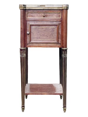 Lot 640 - A French mahogany and brass inlaid bedside cabinet.