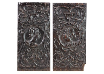 Lot 1046 - A pair of 16th century carved oak Romayne panels.