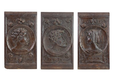 Lot 1044 - A Group of three 16th century carved oak Romayne panels.