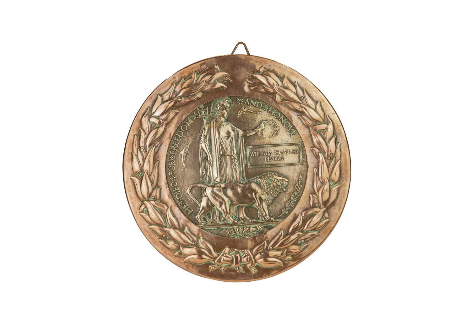 Lot 21 - A WWI death plaque to William Charles Pearce in a bespoke Newlyn copper frame.