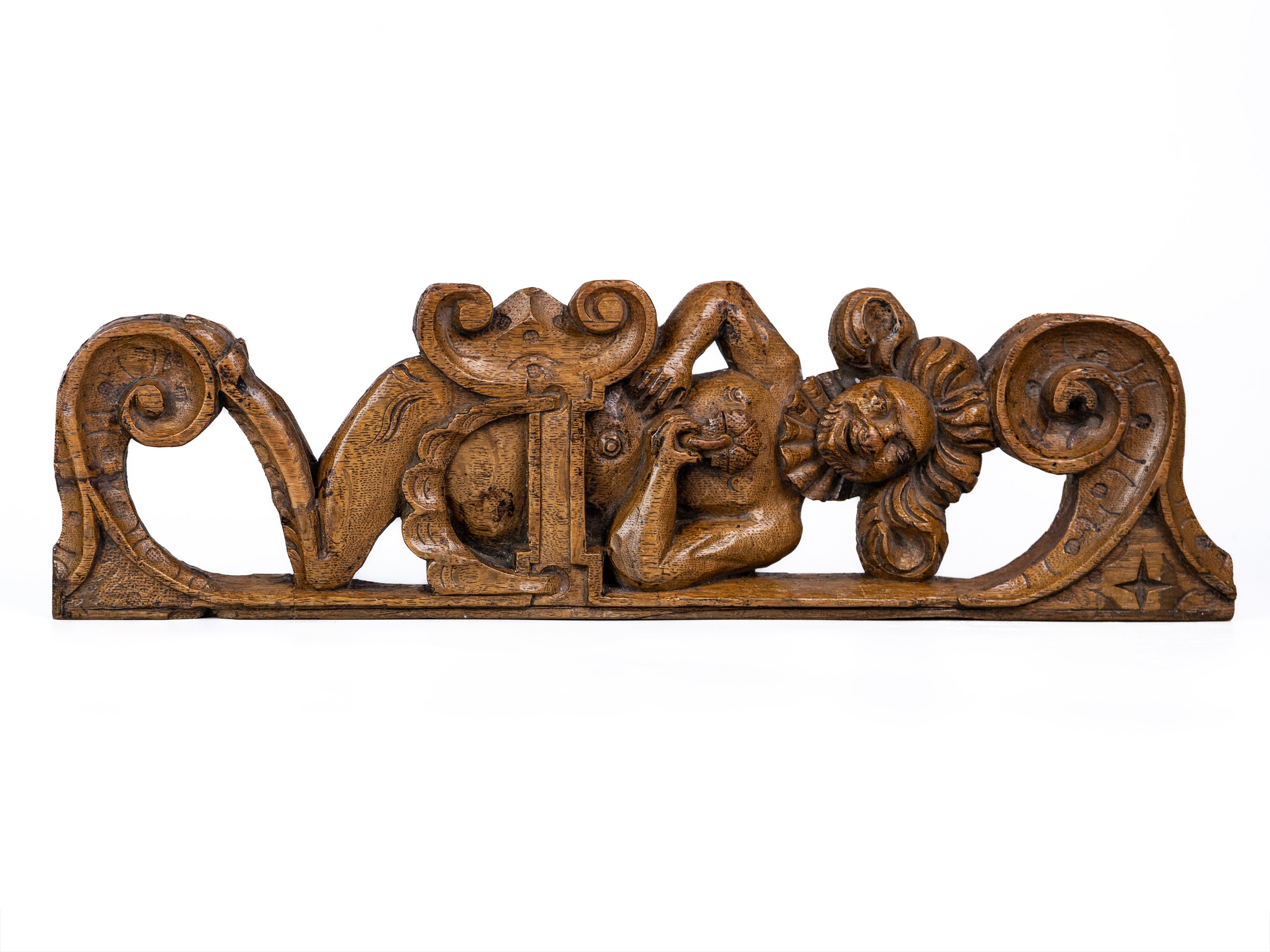 Lot 1002 - An Elizabethan oak grotesque carving of a