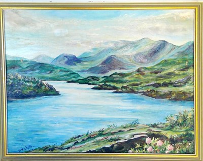 Lot 159 - W NICHOLLS, mountain view, oil on board, 49cm...