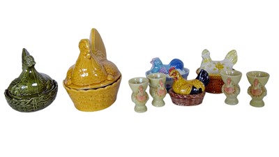 Lot 139 - Five chicken egg crocks, one Portmeirion and...