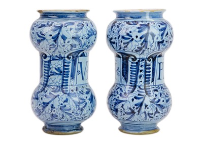 Lot 1131 - A matched pair of Italian Maiolica albarelli or dry drug jars.