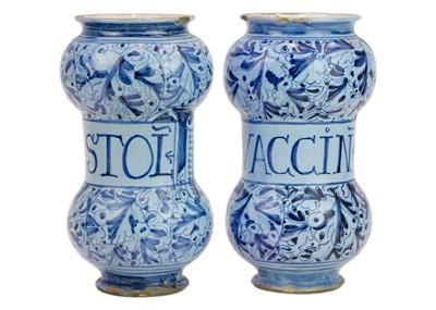 Lot 1131 - A matched pair of Italian Maiolica albarelli or dry drug jars.