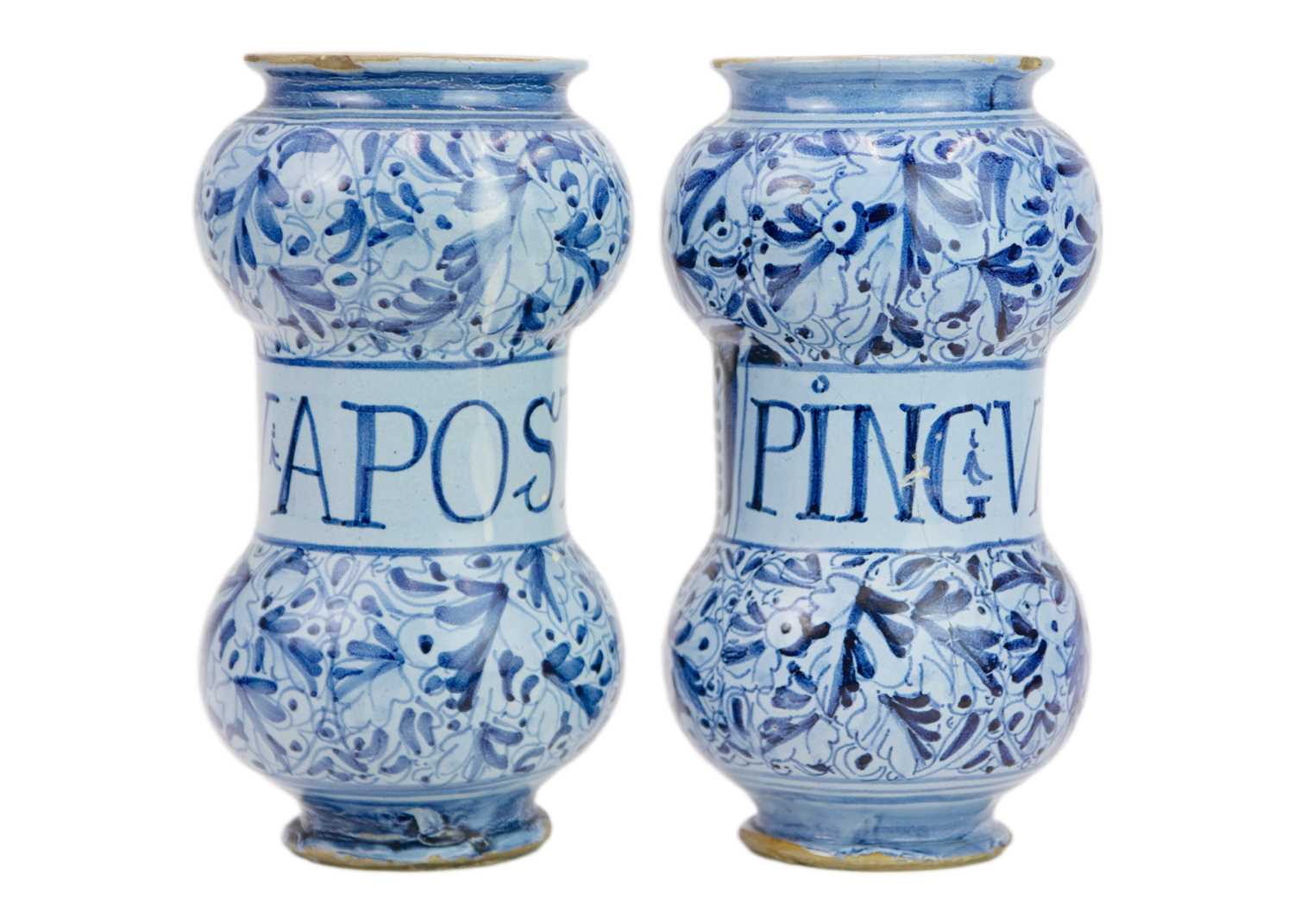 Lot 1131 - A matched pair of Italian Maiolica albarelli or dry drug jars.