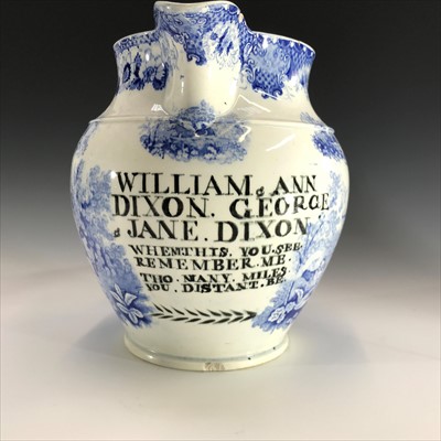 Lot 1017 - A large blue printed pearlware jug, circa 1840,...