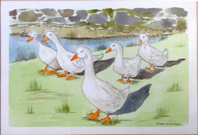 Lot 164 - Five geese, watercolour, signed Hazel Lendnam,...