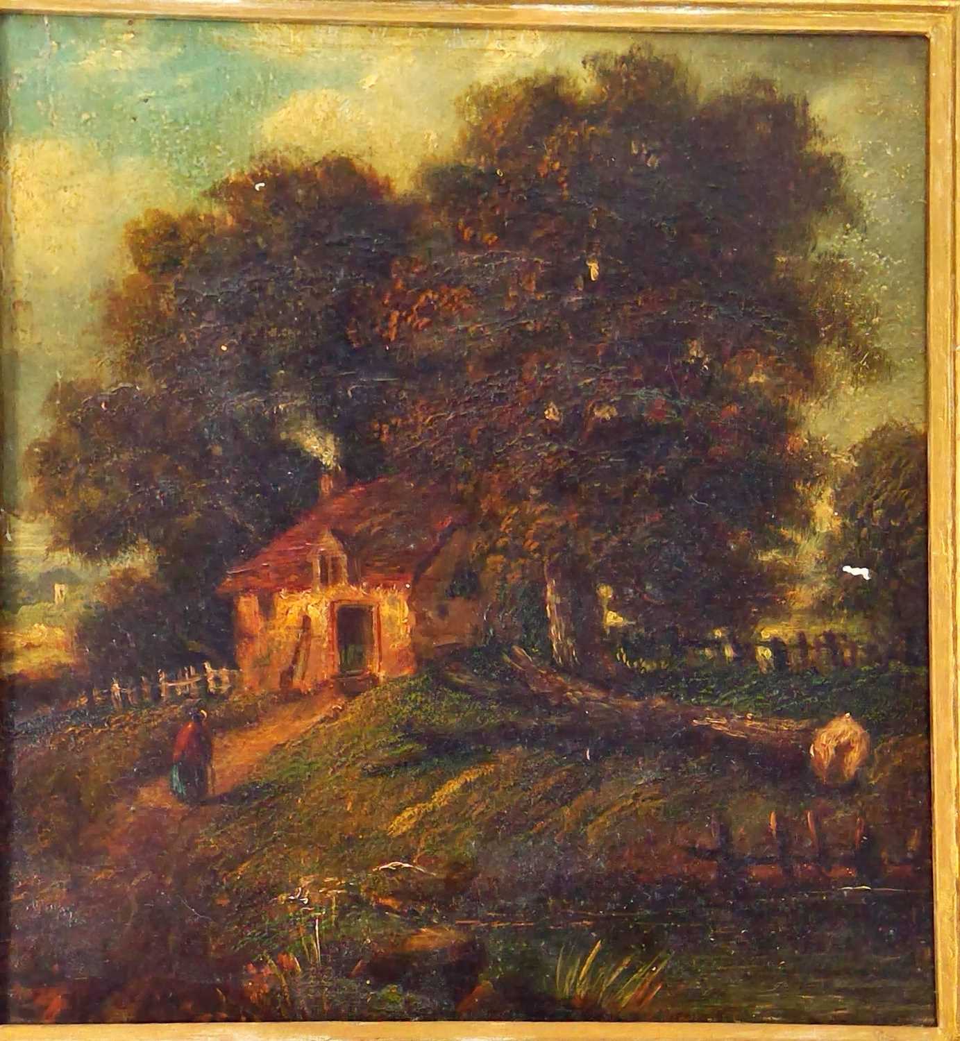 Lot 166 An antique oil on panel, woman and cottage,