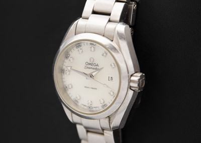 Lot 75 - OMEGA - A Seamaster Aqua Terra lady's stainless steel diamond set quartz bracelet wristwatch.